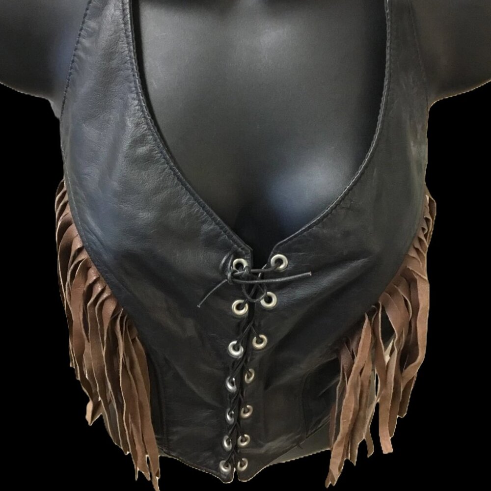 Leather Black Corset Halter Biker Top Vest S-M